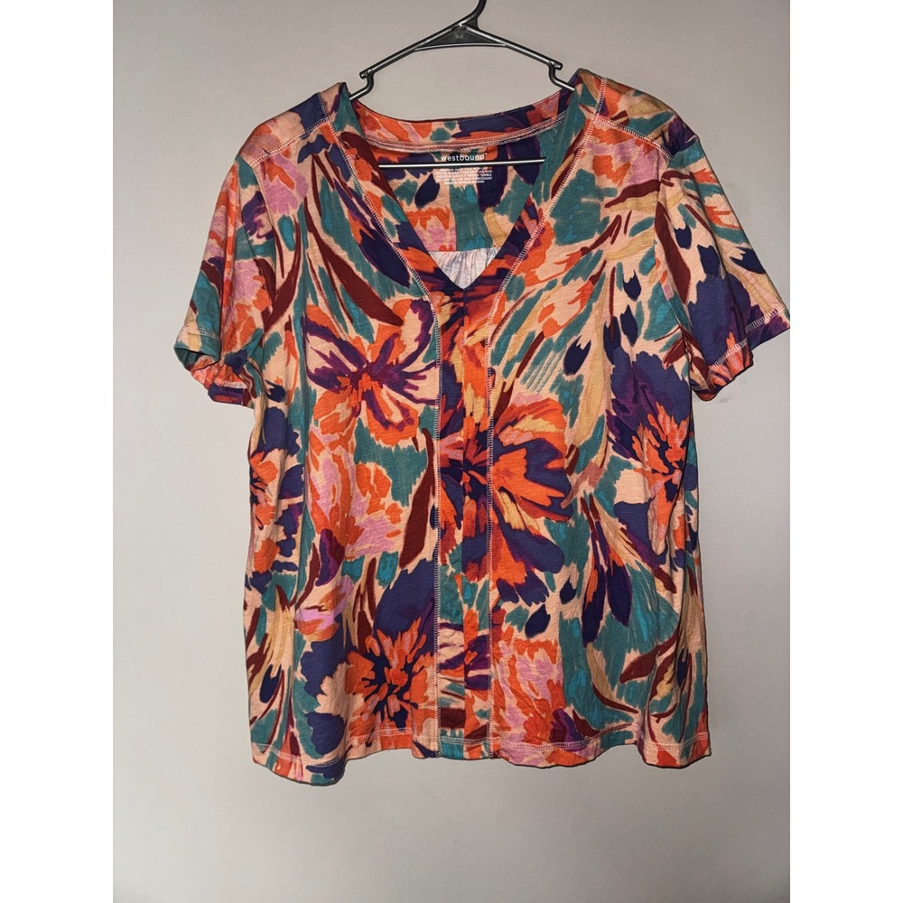 Westbound Womens Large Floral Abstract V-Neck Short Sleeve Top Multi-Color L